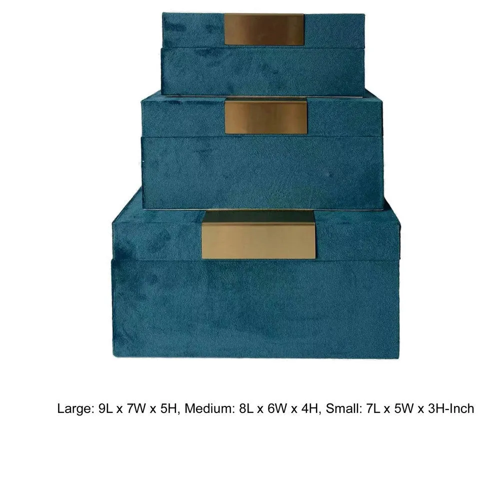 7, 8, 9 Inch Jewelry Box, Set of 3, Gold Accents, Teal Velvet Upholstery By Casagear Home