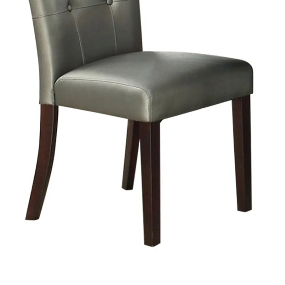 Button Tufted Faux Leather Wooden Dining Chair, Set Of 2,Silver By Benzara