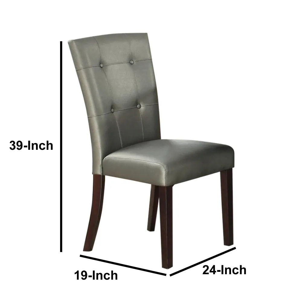 Button Tufted Faux Leather Wooden Dining Chair, Set Of 2,Silver By Benzara