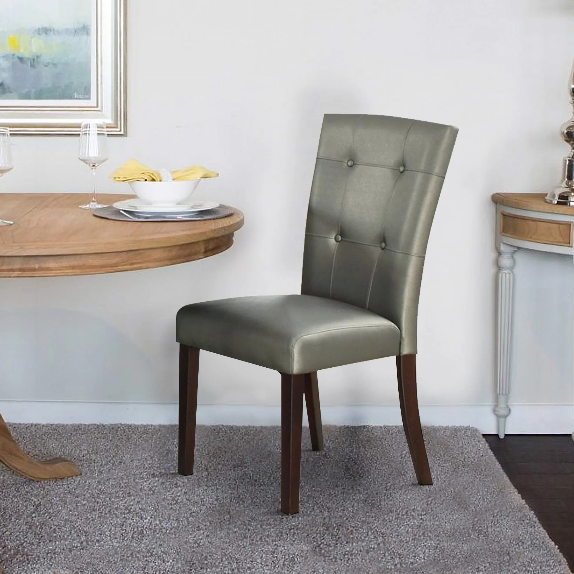 Button Tufted Faux Leather Wooden Dining Chair, Set Of 2,Silver By Benzara
