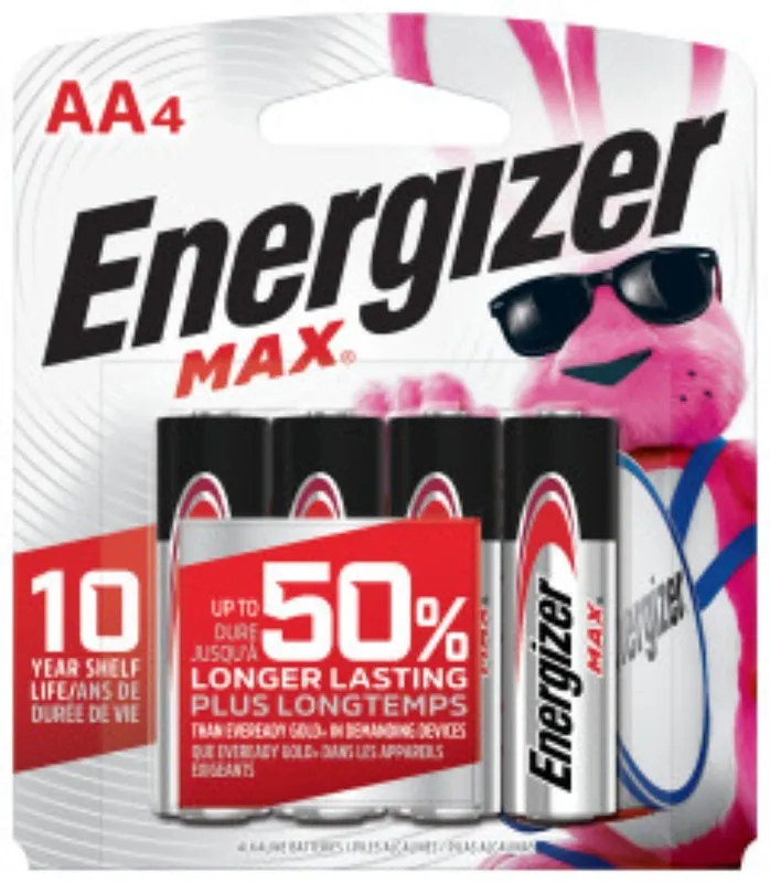 Energizer E91 E91BP-4 Battery, 1.5 V Battery, 2850 mAh, AA Battery, Alkaline, Manganese Dioxide, Zinc, Silver :EA: QUANTITY: 1