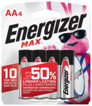 Energizer E91 E91BP-4 Battery, 1.5 V Battery, 2850 mAh, AA Battery, Alkaline, Manganese Dioxide, Zinc, Silver :EA: QUANTITY: 1