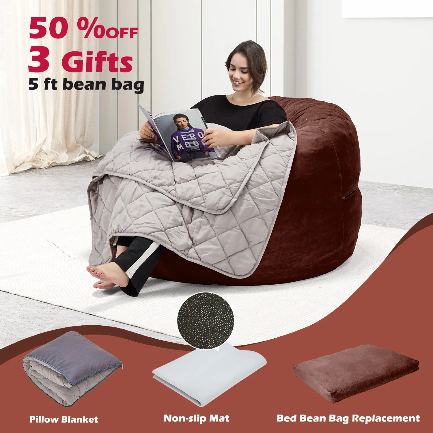 EROMMY 5ft Giant Gorilla Bean Bag Sofa Chair Bed for Adults, Brown