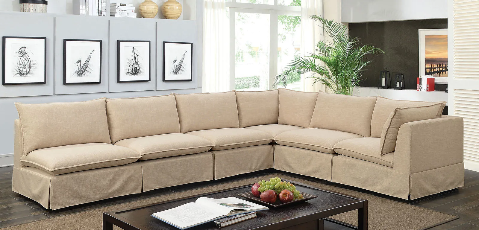 Fabric Upholstered Armless Chair With Padded Cushions In Beige  By Benzara