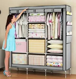GRAZIA FABRIC COLLAPSABLE WARDROBE WITH 5 RACK AND 1 HANGER PORTION FOR TOYS AND CLOTH STORAGE-3-Door Foldable Wardrobe, 6 Racks, Black, Plastic