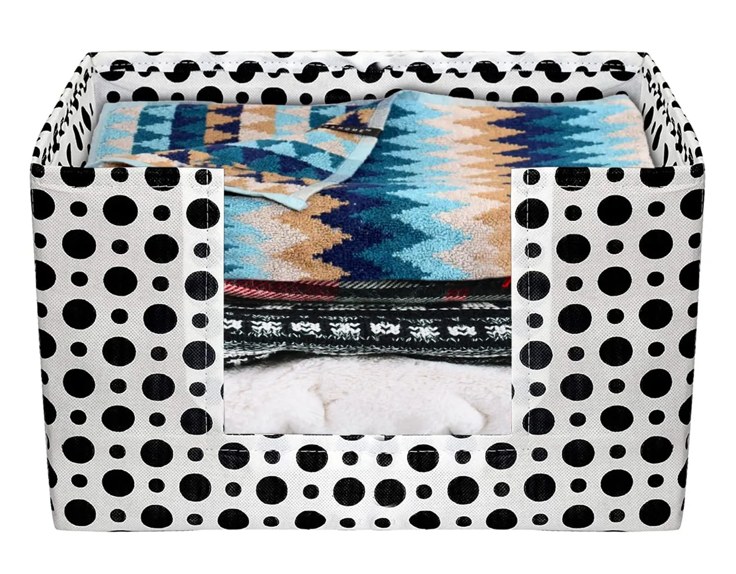 Heart Home Dot Printed Multiuses Non-Woven Closet Organizer, Storage Bin, Shelf Storage Oragnizer With Handle- Pack of 3 (Black & White)-HS43HEARTH26417