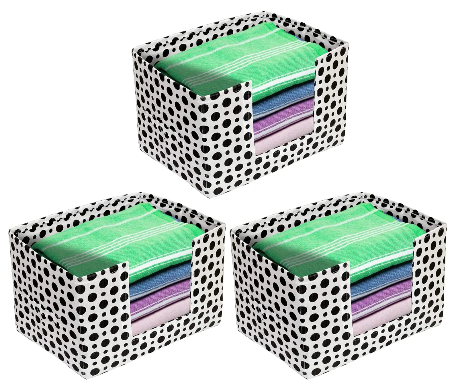Heart Home Dot Printed Multiuses Non-Woven Closet Organizer, Storage Bin, Shelf Storage Oragnizer With Handle- Pack of 3 (Black & White)-HS43HEARTH26417