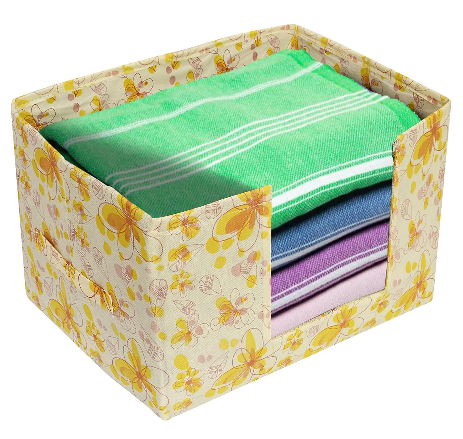 Heart Home Flower Printed Multiuses Non-Woven Closet Organizer, Storage Bin, Shelf Storage Oragnizer With Handle- Pack of 3 (Yellow)-HS43HEARTH26393