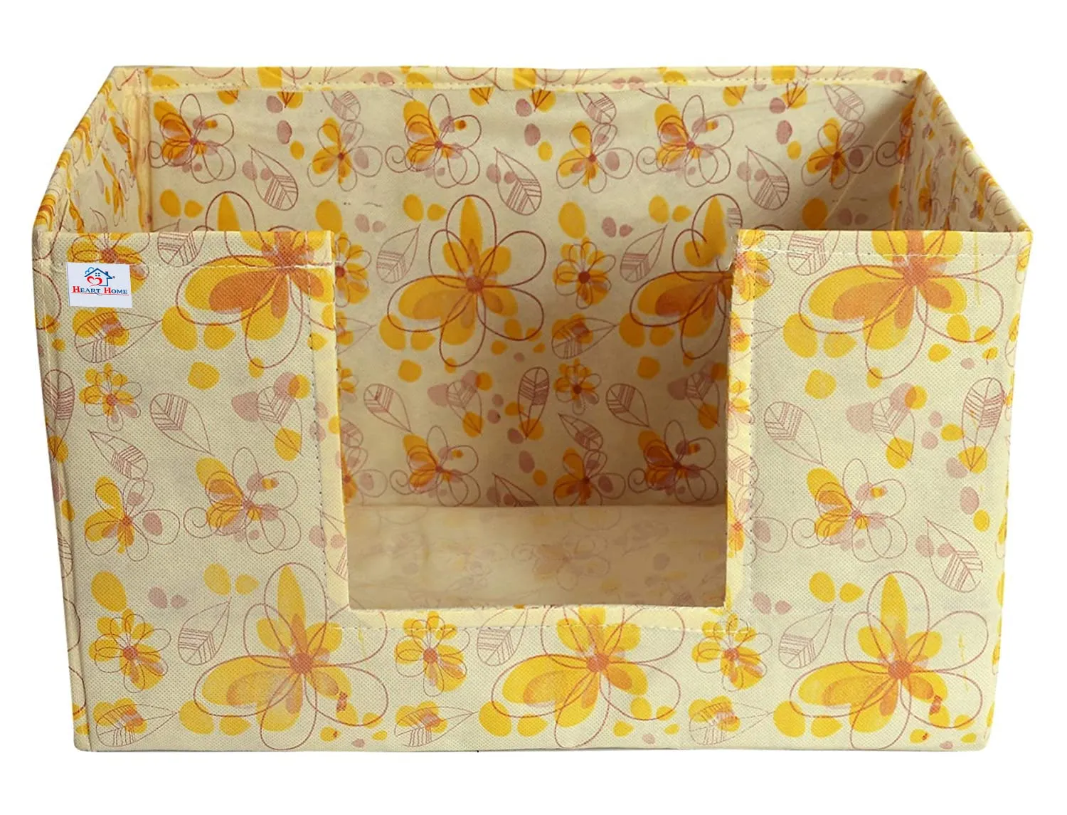 Heart Home Flower Printed Multiuses Non-Woven Closet Organizer, Storage Bin, Shelf Storage Oragnizer With Handle- Pack of 3 (Yellow)-HS43HEARTH26393