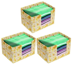 Heart Home Flower Printed Multiuses Non-Woven Closet Organizer, Storage Bin, Shelf Storage Oragnizer With Handle- Pack of 3 (Yellow)-HS43HEARTH26393