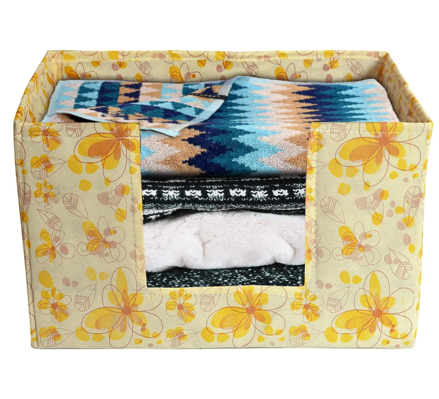 Heart Home Flower Printed Multiuses Non-Woven Closet Organizer, Storage Bin, Shelf Storage Oragnizer With Handle- Pack of 3 (Yellow)-HS43HEARTH26393