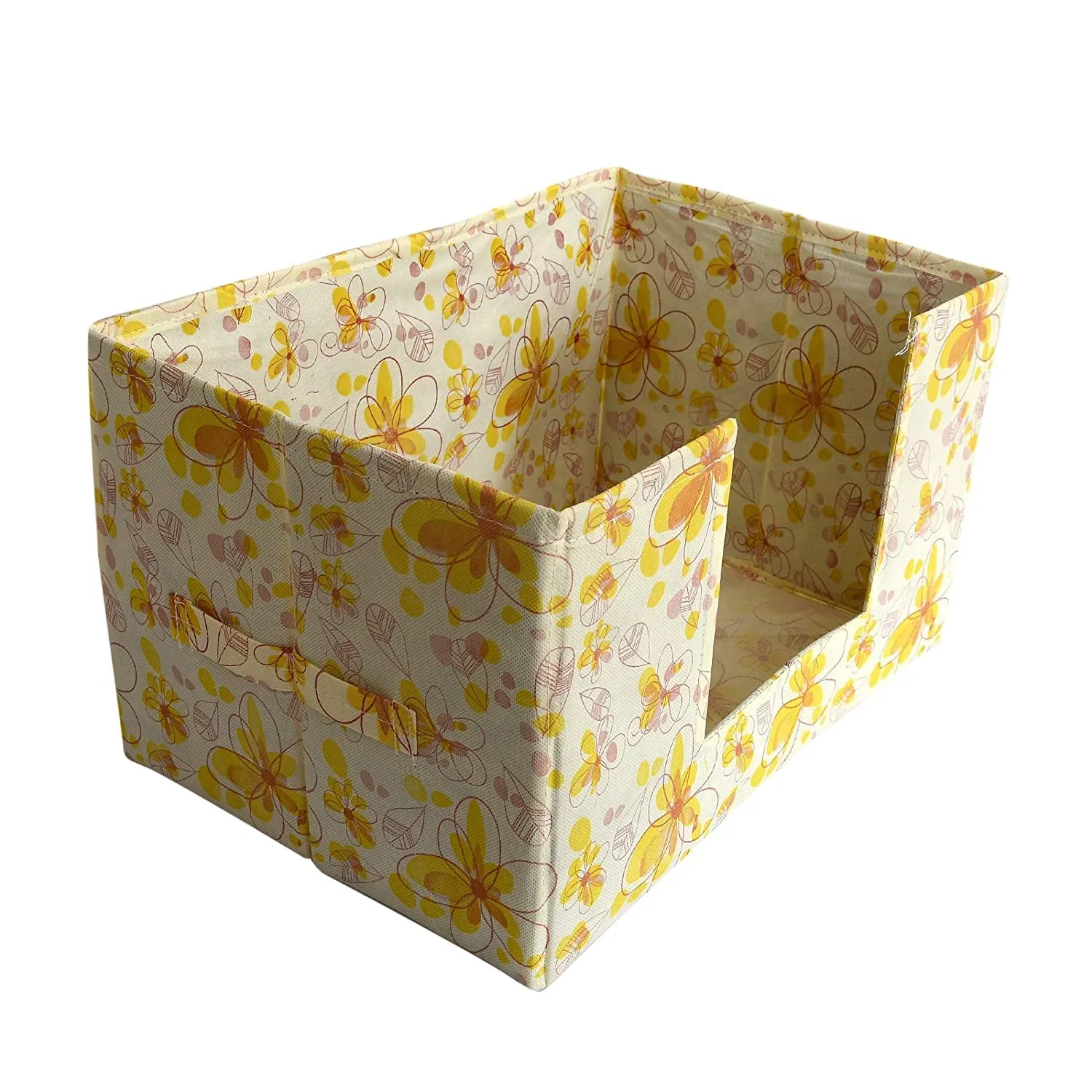 Heart Home Flower Printed Multiuses Non-Woven Closet Organizer, Storage Bin, Shelf Storage Oragnizer With Handle- Pack of 3 (Yellow)-HS43HEARTH26393