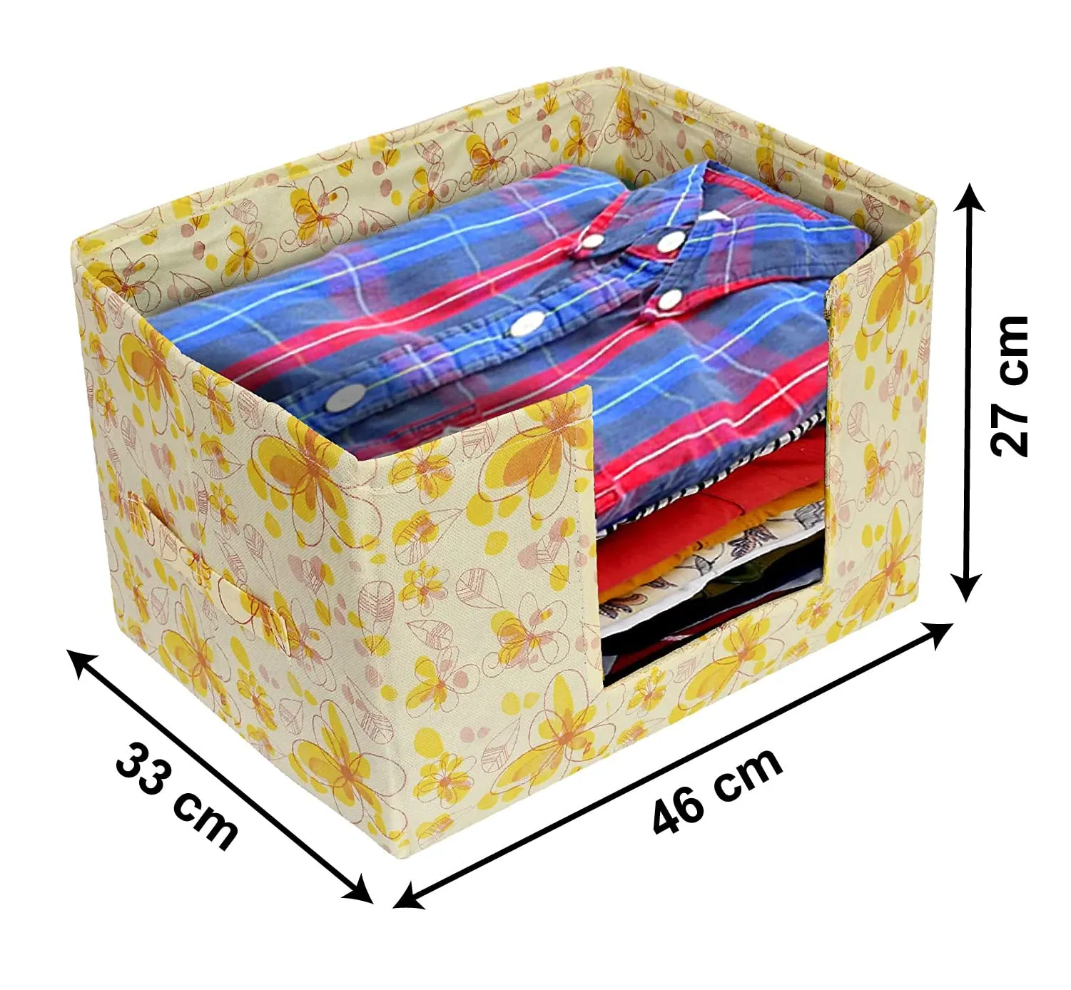 Heart Home Flower Printed Multiuses Non-Woven Closet Organizer, Storage Bin, Shelf Storage Oragnizer With Handle- Pack of 3 (Yellow)-HS43HEARTH26393