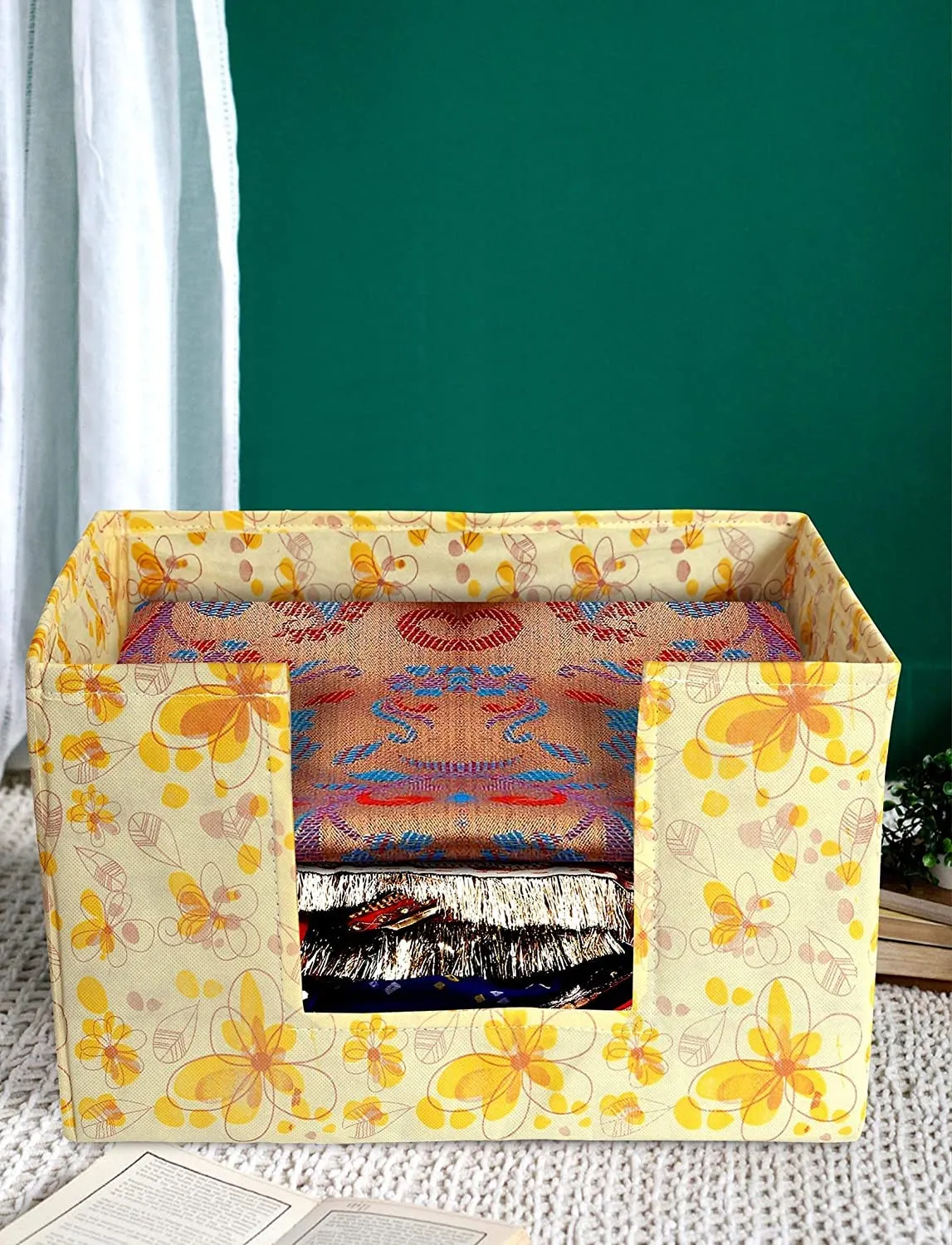 Heart Home Flower Printed Multiuses Non-Woven Closet Organizer, Storage Bin, Shelf Storage Oragnizer With Handle- Pack of 3 (Yellow)-HS43HEARTH26393
