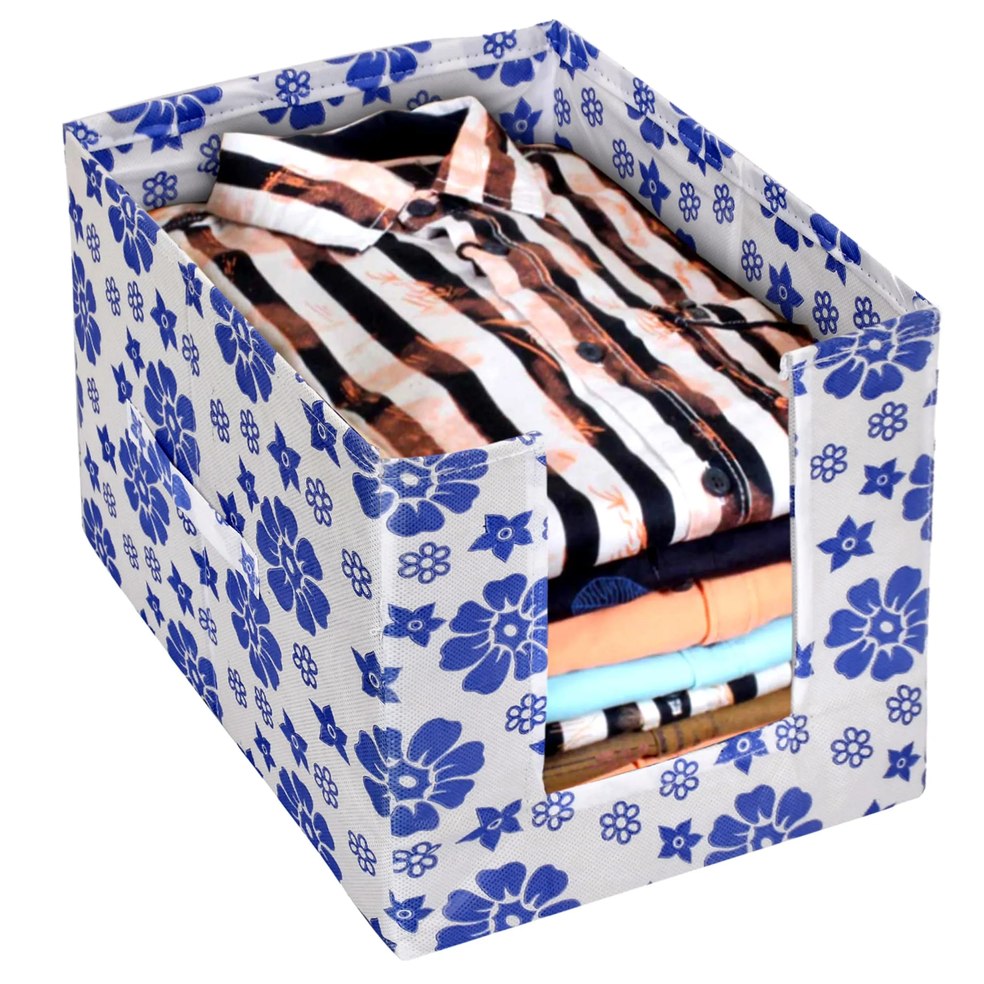 Heart Home Flower Printed Multiuses Non-Woven Closet Organizer With Handles (White & Blue) -HS43HEARTH26497