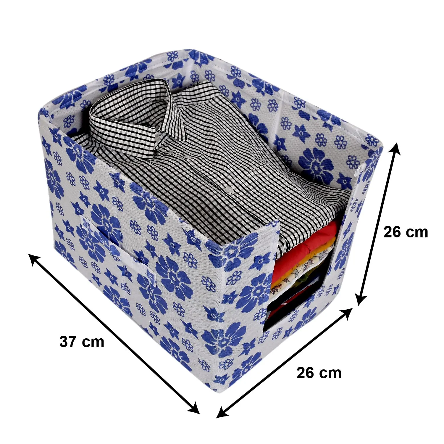 Heart Home Flower Printed Multiuses Non-Woven Closet Organizer With Handles (White & Blue) -HS43HEARTH26497