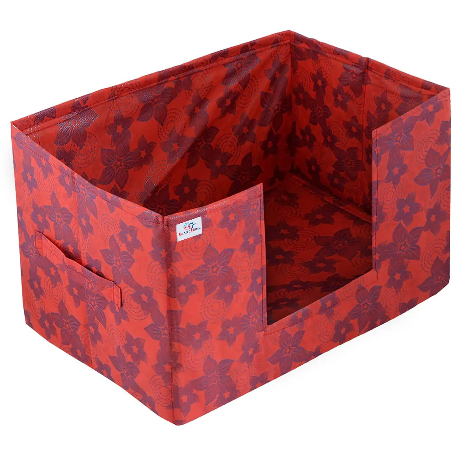 Heart Home Metallic Flower Printed Multiuses Non-Woven Closet Organizer, Storage Bin, Shelf Storage Oragnizer With Handle- Pack of 2 (Red)-HS43HEARTH26407
