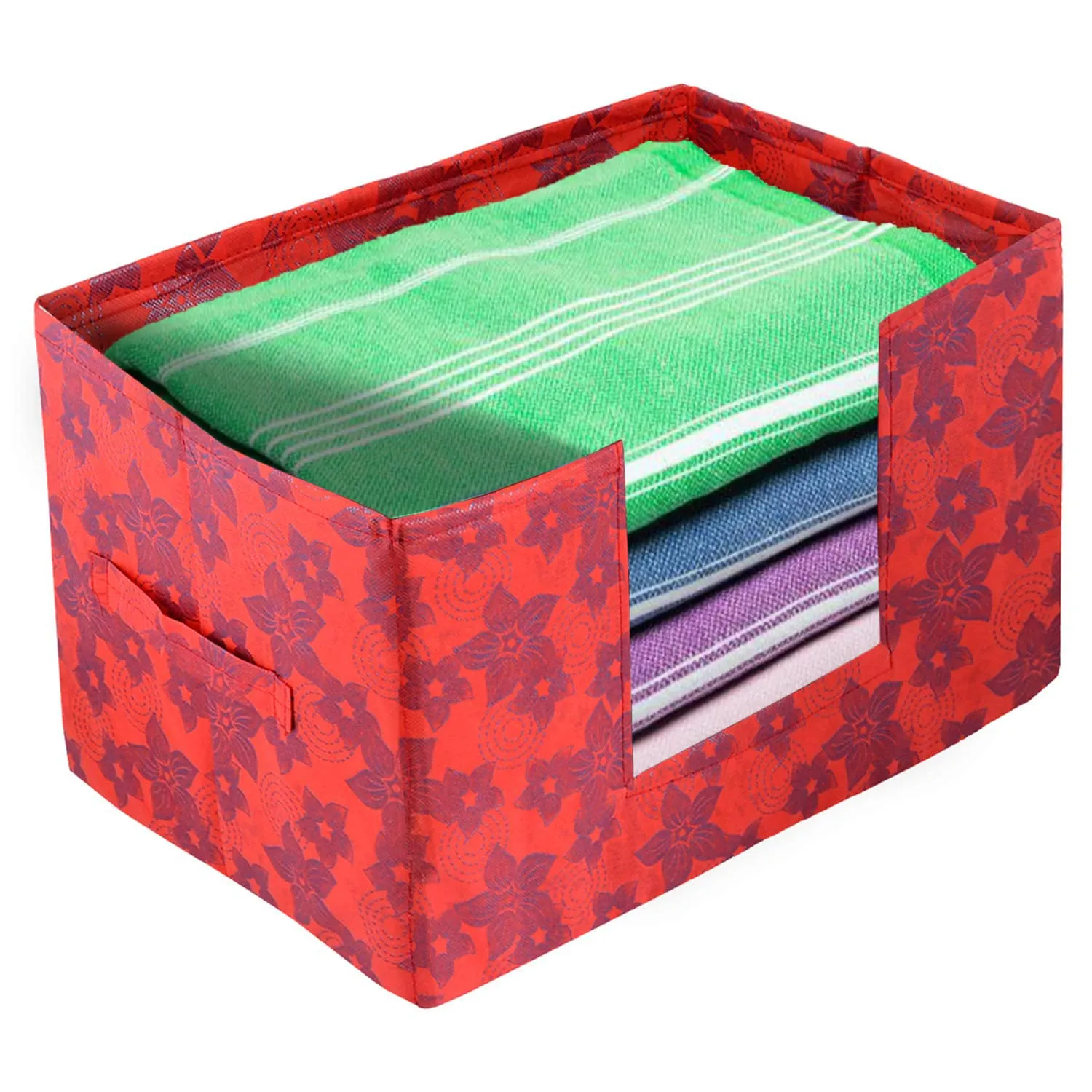 Heart Home Metallic Flower Printed Multiuses Non-Woven Closet Organizer, Storage Bin, Shelf Storage Oragnizer With Handle- Pack of 2 (Red)-HS43HEARTH26407