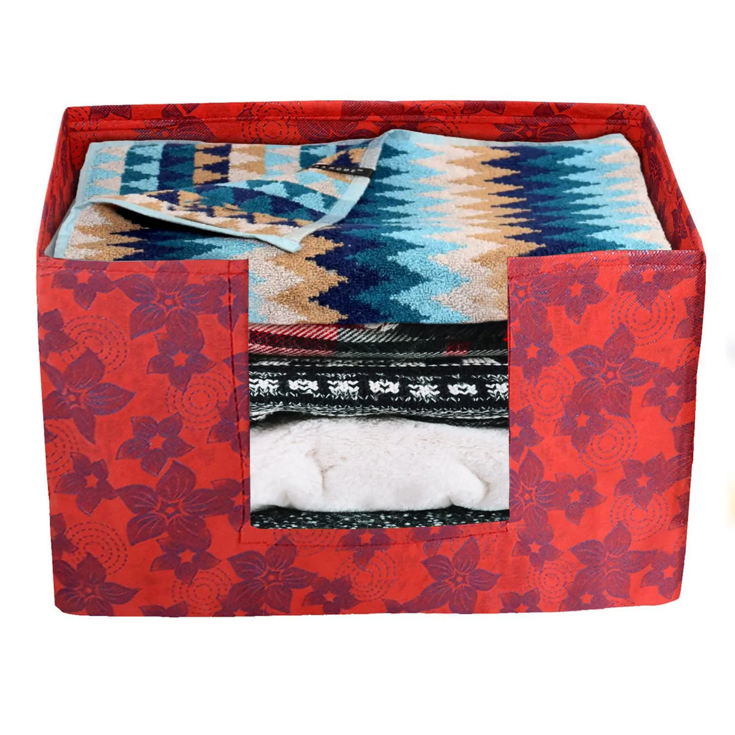 Heart Home Metallic Flower Printed Multiuses Non-Woven Closet Organizer, Storage Bin, Shelf Storage Oragnizer With Handle- Pack of 2 (Red)-HS43HEARTH26407