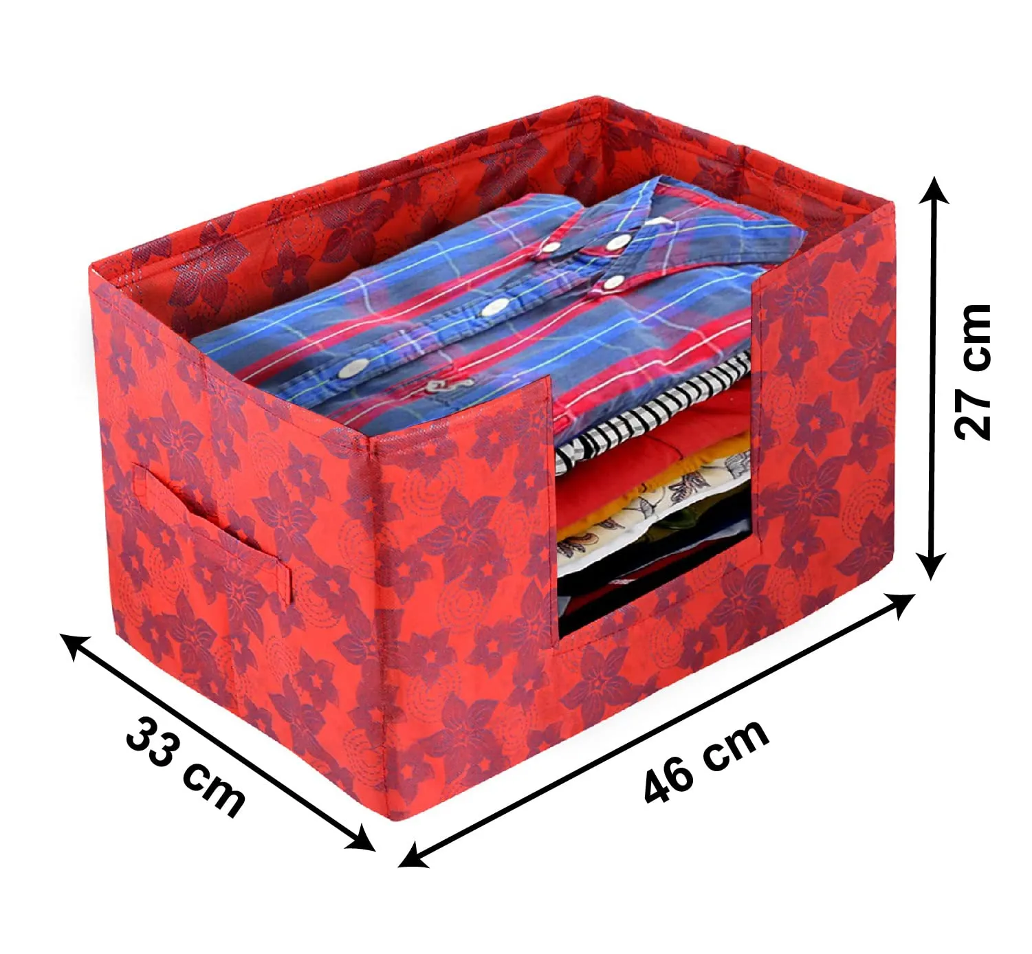Heart Home Metallic Flower Printed Multiuses Non-Woven Closet Organizer, Storage Bin, Shelf Storage Oragnizer With Handle- Pack of 2 (Red)-HS43HEARTH26407