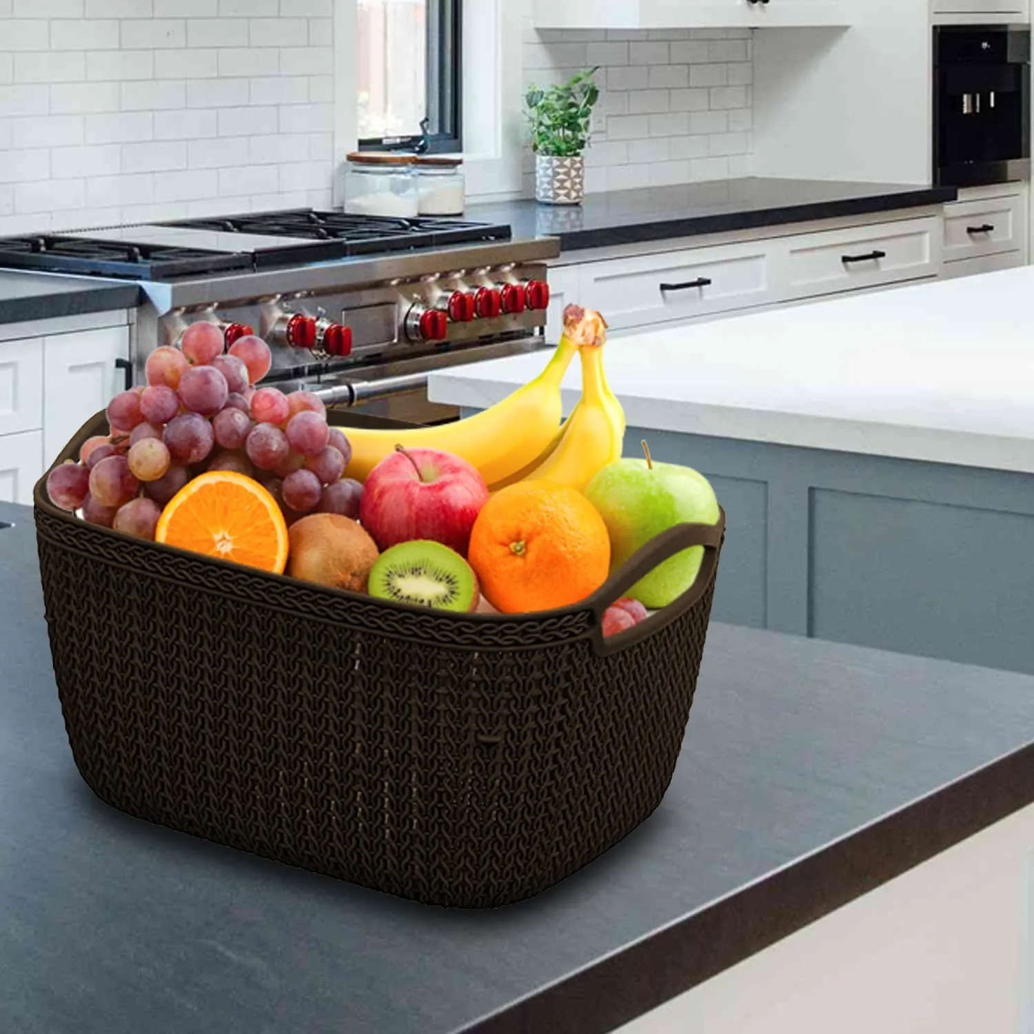 Heart Home Q-5 Designer Plastic Storage Basket For Store Fruits, Vegetables, Magazines, Cosmetics, Stationary Pack of 4 (Green & Brown)-50HH01648