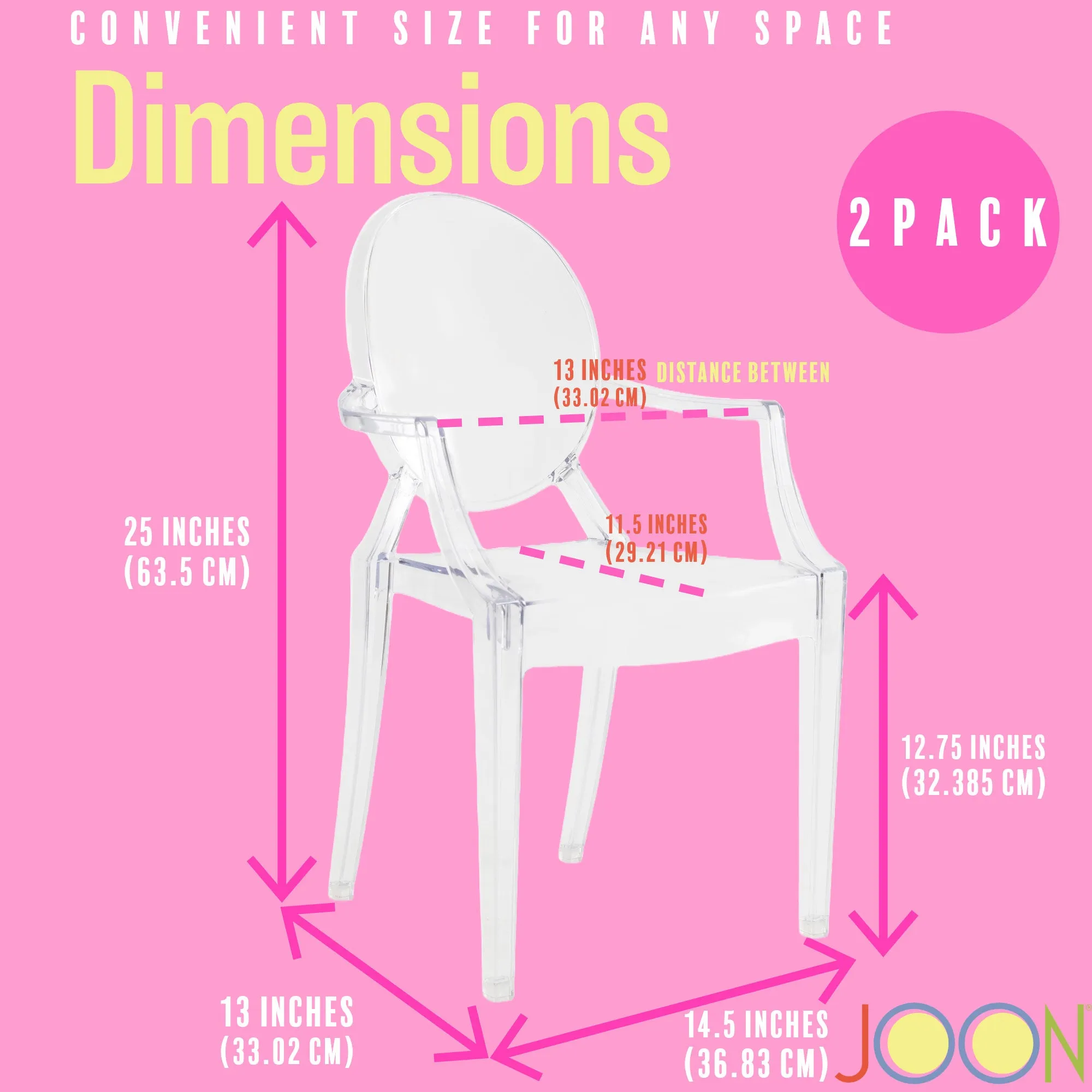 JOON 2 Pack Kids Ghost Chairs with Armrest, 25x13x14.5 Inches, Transparent
