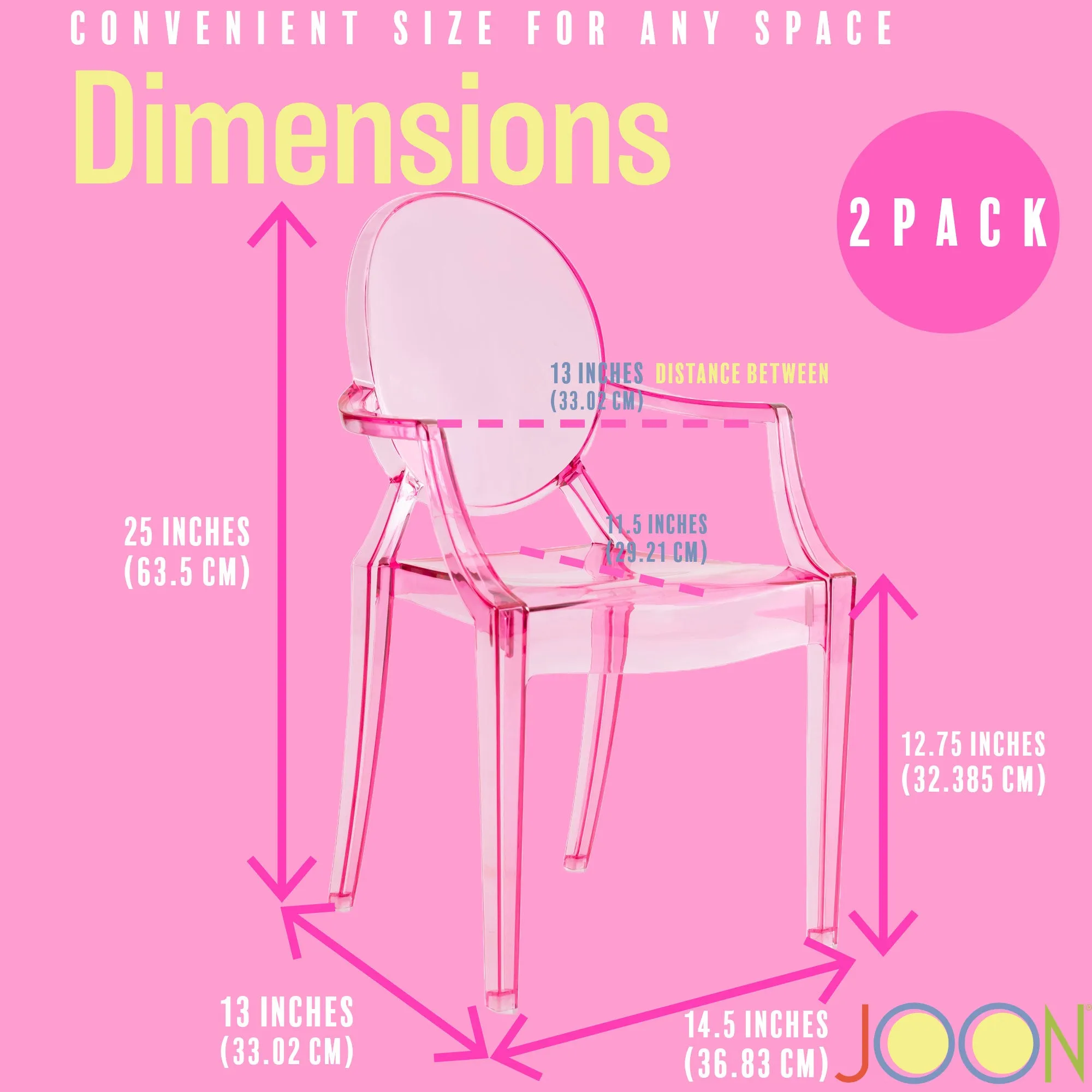 JOON 2 Pack Kids Ghost Chairs with Armrest, 25x13x14.5 Inches, Transparent
