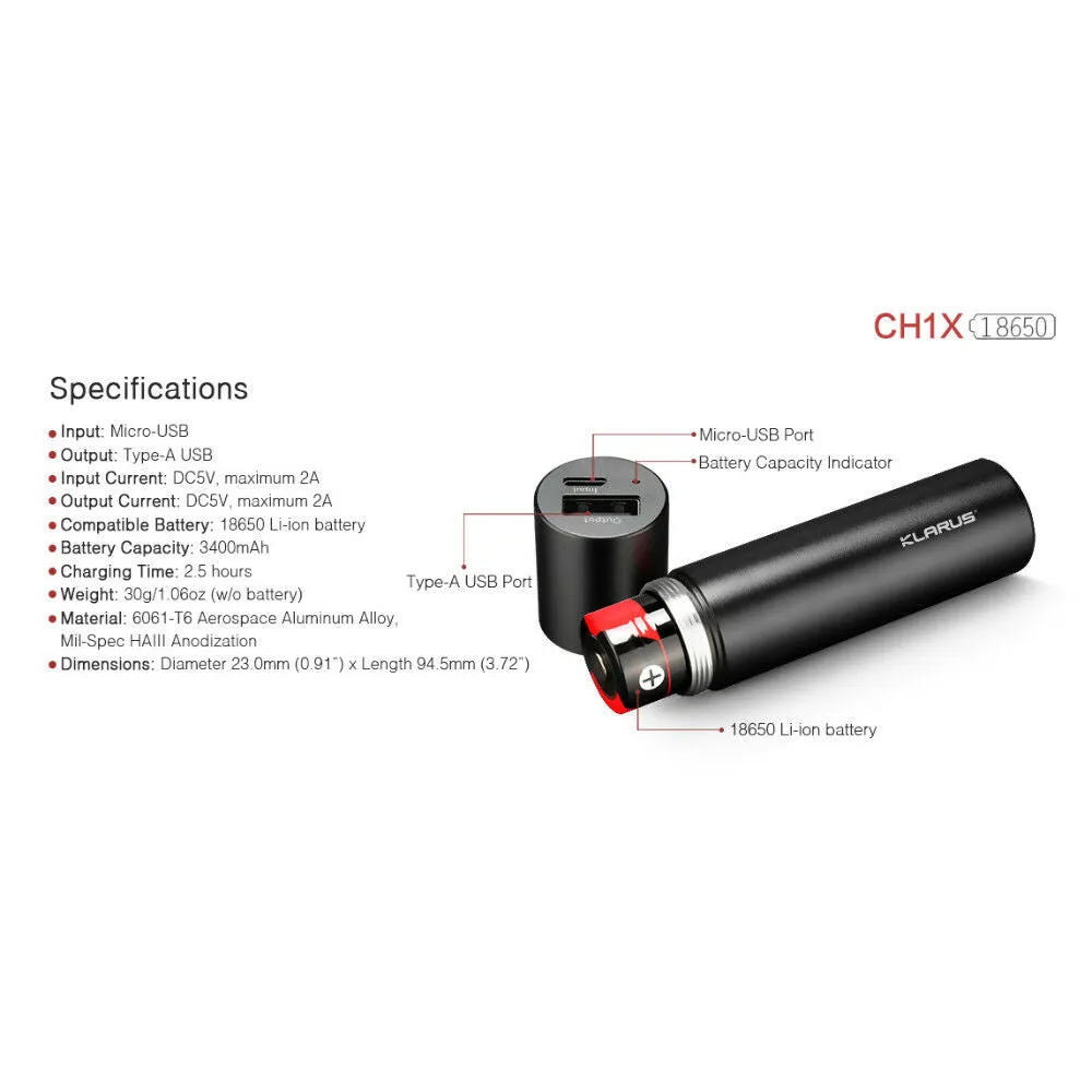 Klarus CH1X Multi-Functional Mini 2-in-1 Power Bank and Battery Charger - Black