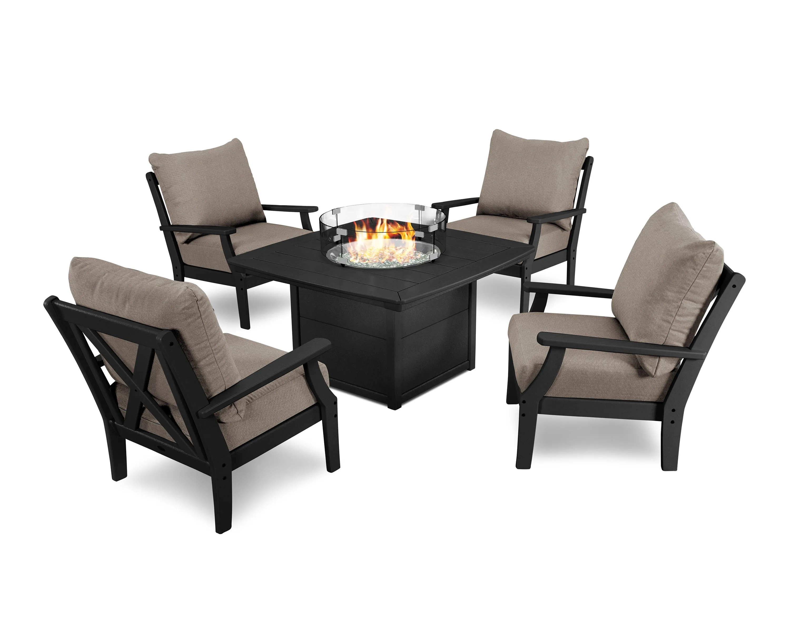 POLYWOOD® Braxton 5-Piece Deep Seating Conversation Set with Fire Pit Table