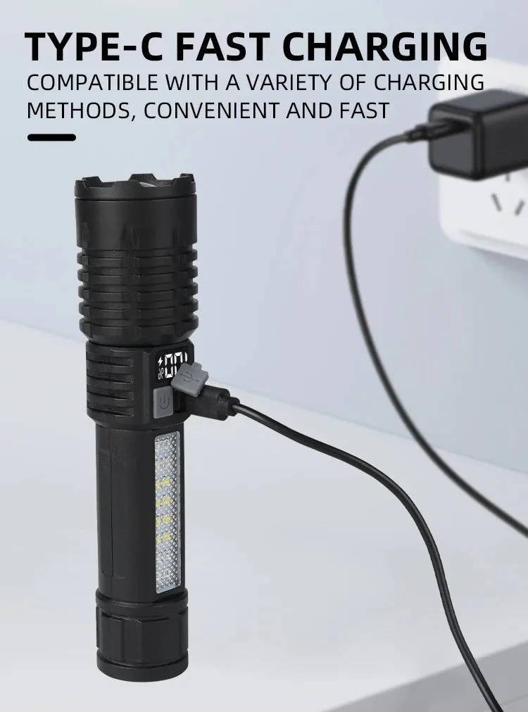 Portable Rechargeable High Power LED Flashlights With Display Screen Zoom Tactical Torch Lamp with Emergency Side Lights Lantern