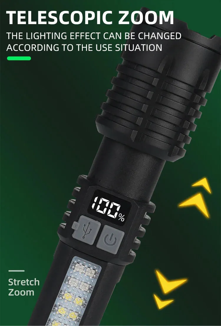 Portable Rechargeable High Power LED Flashlights With Display Screen Zoom Tactical Torch Lamp with Emergency Side Lights Lantern