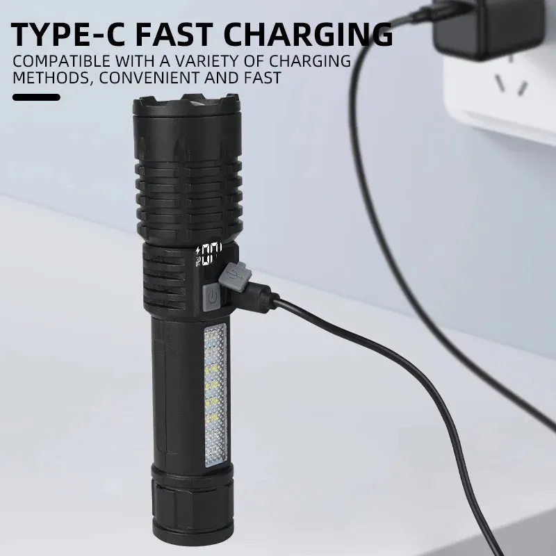 Portable Rechargeable High Power LED Flashlights With Display Screen Zoom Tactical Torch Lamp with Emergency Side Lights Lantern