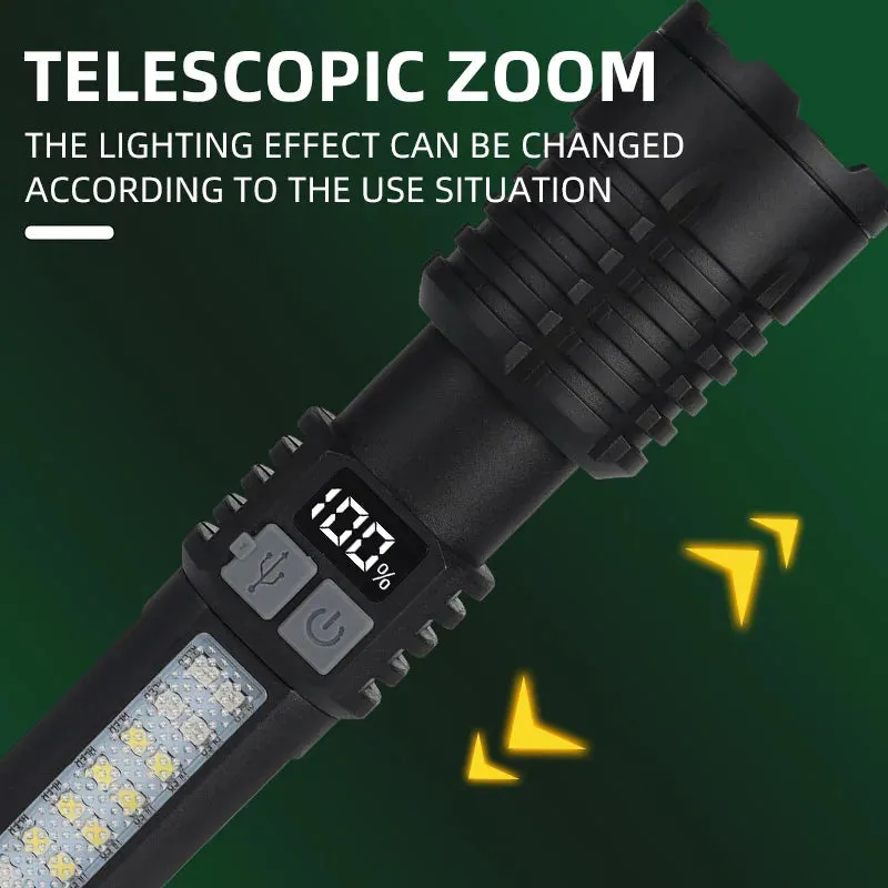 Portable Rechargeable High Power LED Flashlights With Display Screen Zoom Tactical Torch Lamp with Emergency Side Lights Lantern