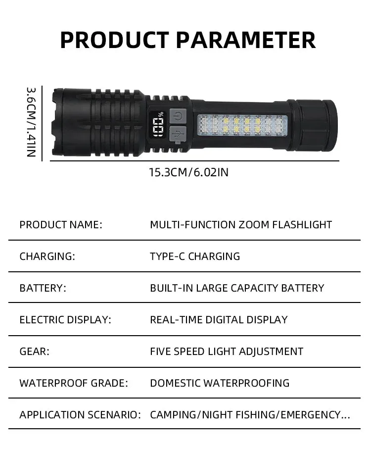 Portable Rechargeable High Power LED Flashlights With Display Screen Zoom Tactical Torch Lamp with Emergency Side Lights Lantern