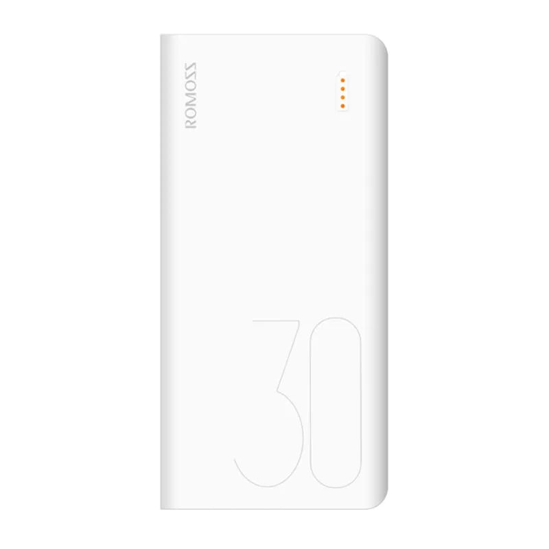 Romoss Pulse 30 30000m Ah Input: Type C|Micro Usb|Lightning (8pin)|Output: 1 X Usb 5 V 2.1 A|1 X Usb 5 V 1 A Power Bank White Php30 101 1 A45