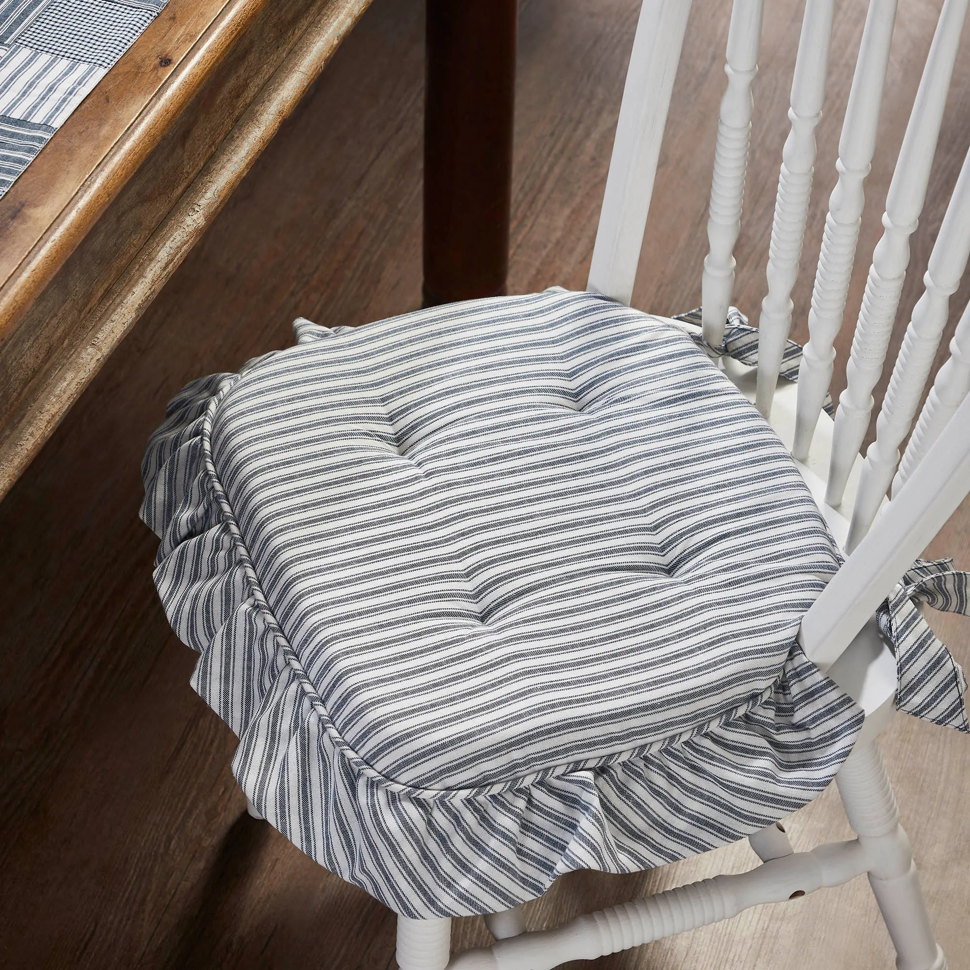 Sawyer Mill Blue Ticking Stripe Ruffled Chair Pad 16.5x18