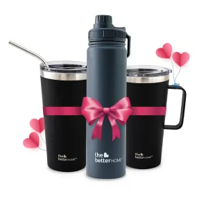 The Better Home Pack of 3 Insulated Coffee Tumbler with straw, Coffee Mug & Stainless-Steel Bottle | Double-Walled 304 Steel | Leakproof | Ideal for Travel Home Office | 6 hrs Hot & Cold | Black