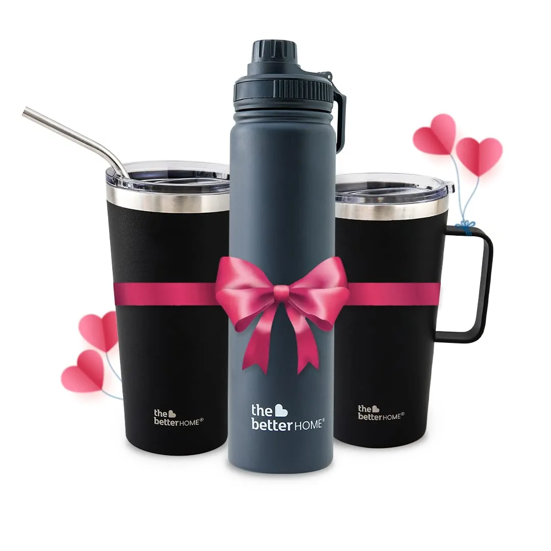 The Better Home Pack of 3 Insulated Coffee Tumbler with straw, Coffee Mug & Stainless-Steel Bottle | Double-Walled 304 Steel | Leakproof | Ideal for Travel Home Office | 6 hrs Hot & Cold | Black