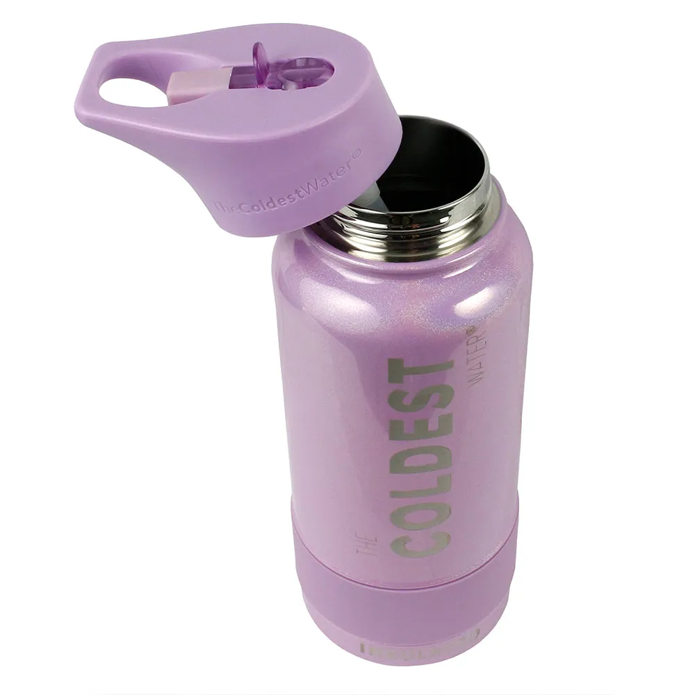 The Coldest Sports Water Bottle 32oz Straw Lid Stainless Steel Purple Glitter