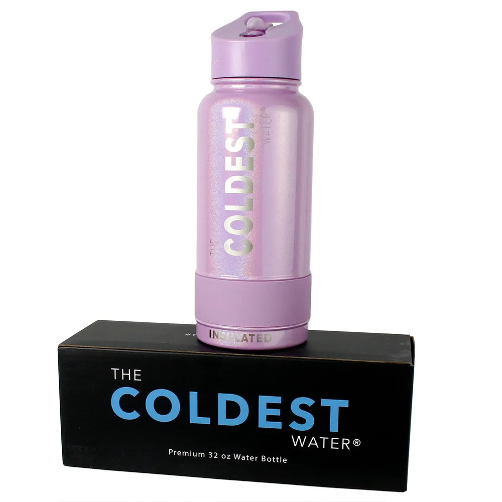 The Coldest Sports Water Bottle 32oz Straw Lid Stainless Steel Purple Glitter