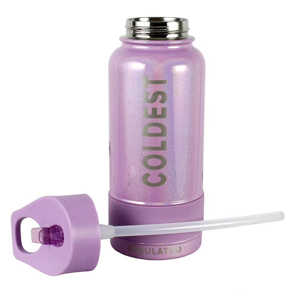The Coldest Sports Water Bottle 32oz Straw Lid Stainless Steel Purple Glitter
