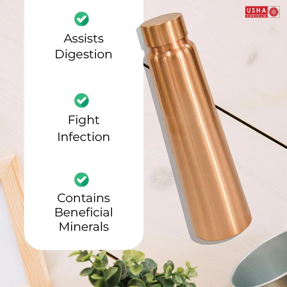 USHA SHRIRAM Pure Copper Water Bottle 1 Litre | Eco-Friendly, Biodegradable & Non-Toxic | Water Bottle for Kids & Adults | Lightweight, Leak-Proof & Rust-Free Tamba Bottle (2Pcs)