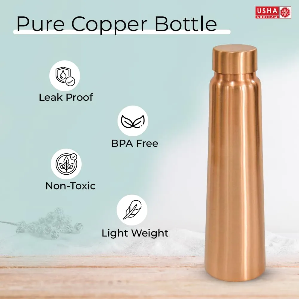 USHA SHRIRAM Pure Copper Water Bottle 1 Litre | Eco-Friendly, Biodegradable & Non-Toxic | Water Bottle for Kids & Adults | Lightweight, Leak-Proof & Rust-Free Tamba Bottle (2Pcs)